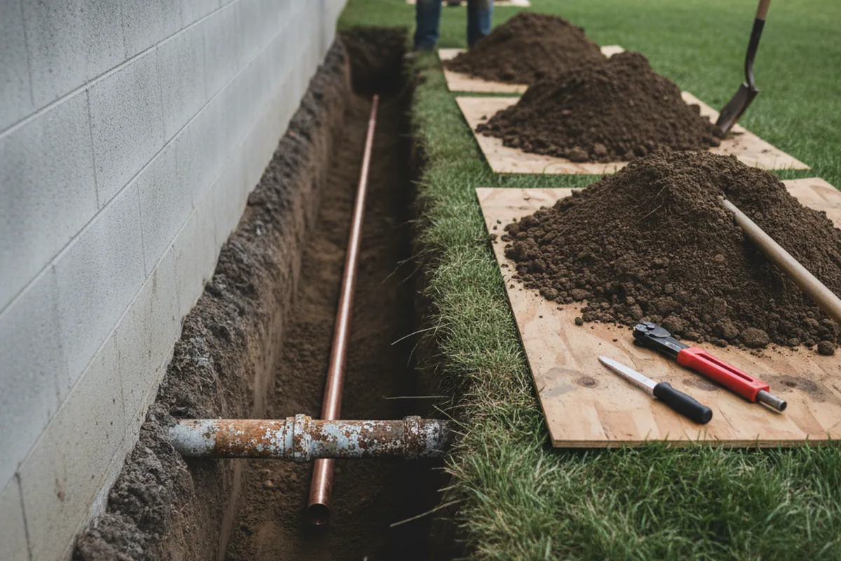 Excavated water line trench during Water Softener Installation in Brandon